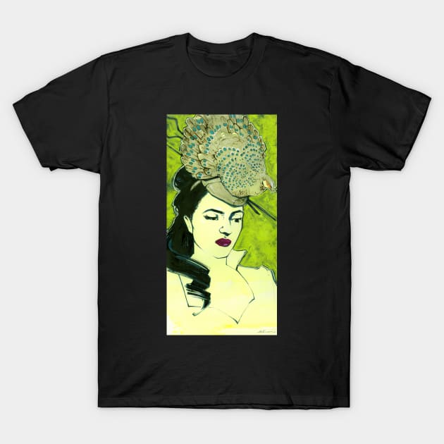 Peacock Pheasant Millinery Trimmings T-Shirt by A.E. Kieren Illustration